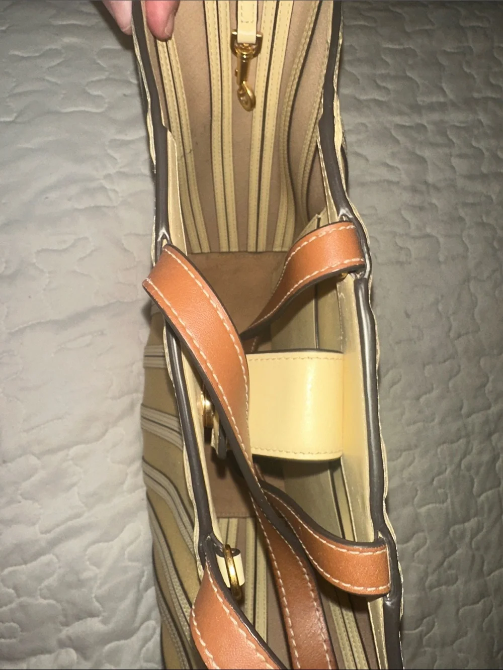 Tory Burch Mustard and Cream Striped Canvas Tote with Brown Handles